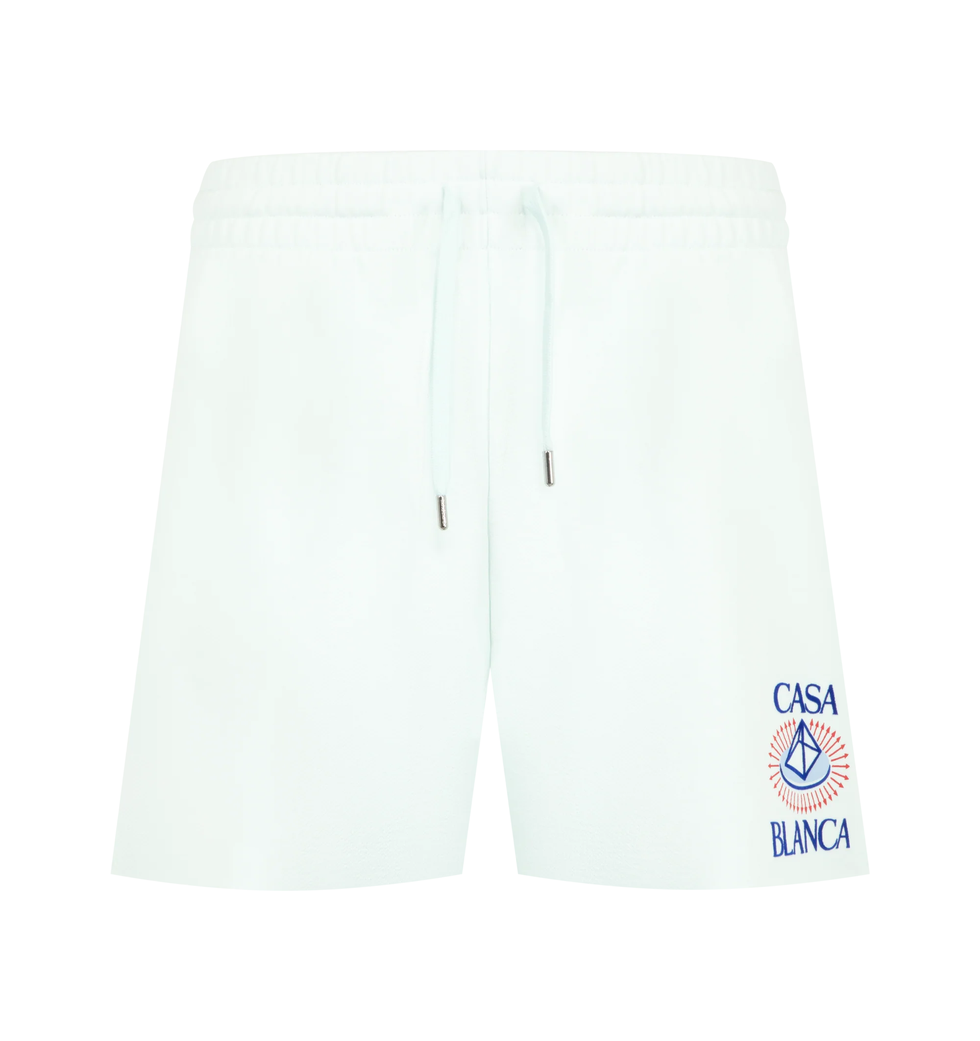 Image 1 of 3 - BLUE - Casablanca Men's Flock Printed Classic Shorts are crafted from premium cotton and feature a relaxed fit with an elasticated drawstring waistband, side pockets, and flock-printed graphic artwork for a soft, textured finish. These designer shorts combine exceptional everyday comfort with Casablanca's signature luxury sportswear aesthetic, making them an elevated choice for casual wear. Main Material: 100% Cotton.
