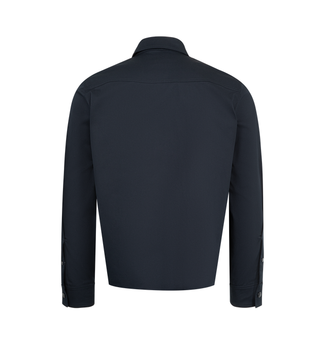 Image 2 of 3 - NAVY - MONCLER Cotton Blend Gabardine Shirt Jacket featuring zipper closure, pockets with snap button closure, chest pocket and adjustable cuffs. 98% cotton, 2% elastane/spandex.