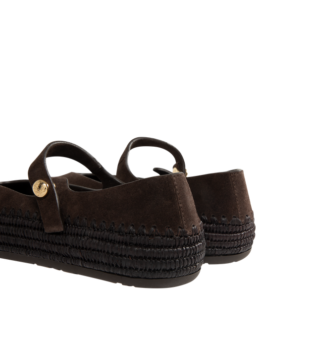 Image 3 of 4 - BROWN - LOEWE PAULA'S IBIZA Rio Mary-Jane in suede and raffia featuring handcrafted raffia embroidery, rounded toe-shape, metallic pebble with an Anagram engraved detail placed on the ankle strap, button snap fastening closure, engraved Anagram on pebble, padded leather insole and anagram embossed rubber outsole. Suede/raffia. Made in Spain.