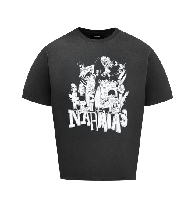 Image 1 of 2 - BLACK - NAHMIAS Groms Boxy T-shirt featuring short sleeves, crew neck, dropped shoulders and graphic on front. 100% cotton.