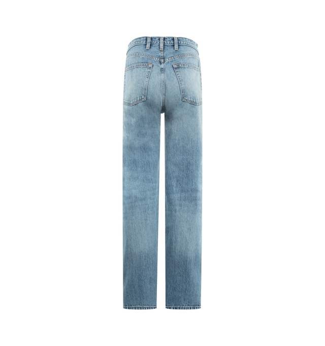 Image 2 of 3 - BLUE - RADH The Agnes Jean featuring a mid rise, slim straight profile, five-pocket construction, signature triple belt loops at the back waist, semi-precious gold hardware, shank and fly closure and straight leg. 75% regenerative cotton, 25% recycled PIW. Made in the USA. 