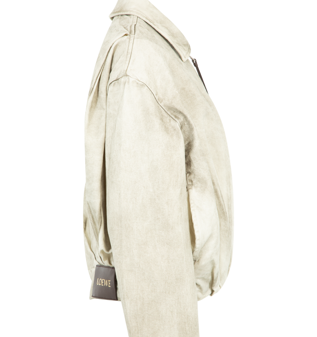 Image 3 of 3 - GREY - LOEWE Draped Jacket in medium-weight treated cotton denim featuring asymmetric hand-gathered draping at the back, regular fit, short length, classic collar, zip front fastening with Puzzle puller, seam pockets, inside welt pocket, fully lined and LOEWE embossed leather patch placed at the back. Cotton. Made in Italy.