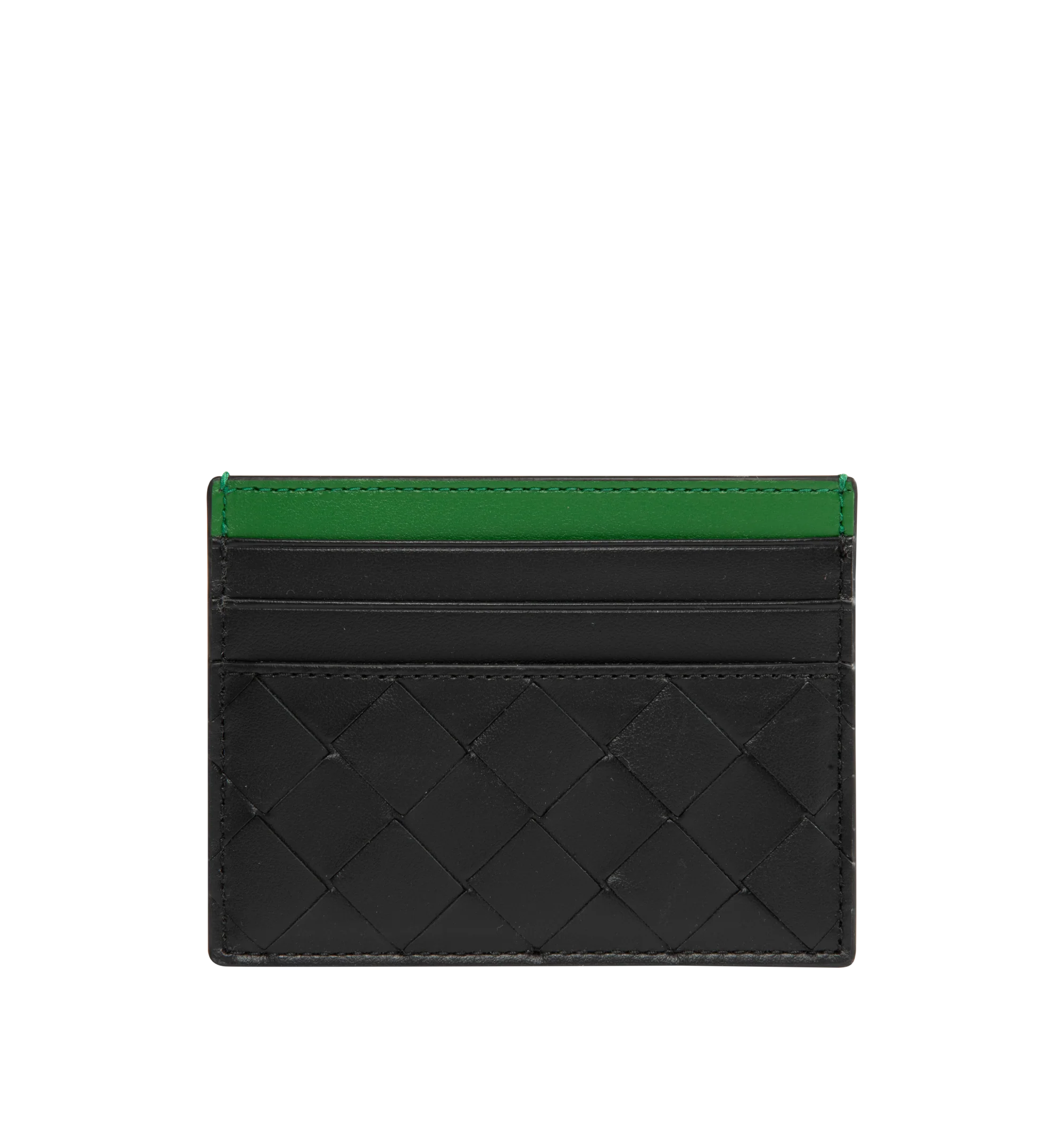 Image 1 of 3 - BLACK - Bottega Veneta Intrecciato Credit Card Case featuring intrecciato two-tone calfskin leather card case with six card slots and one central pocket. Calfskin. Made in Italy.