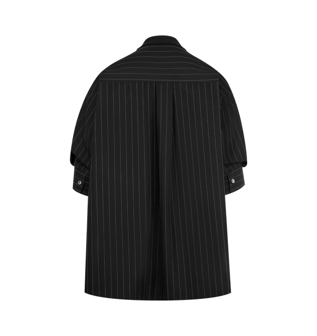 Image 2 of 2 - BLACK - SACAI Chalk Stripe x Cotton Knit Cardigan featuring layered cardigan with a V-neckline in lightweight cotton knit and crisp cotton pooplin, front slip pockets, buttoned cuffs, box pleat at back yoke, knit layer is finished with a tonal button closure and ribbed trim at cuffs and hem. 100% cotton.