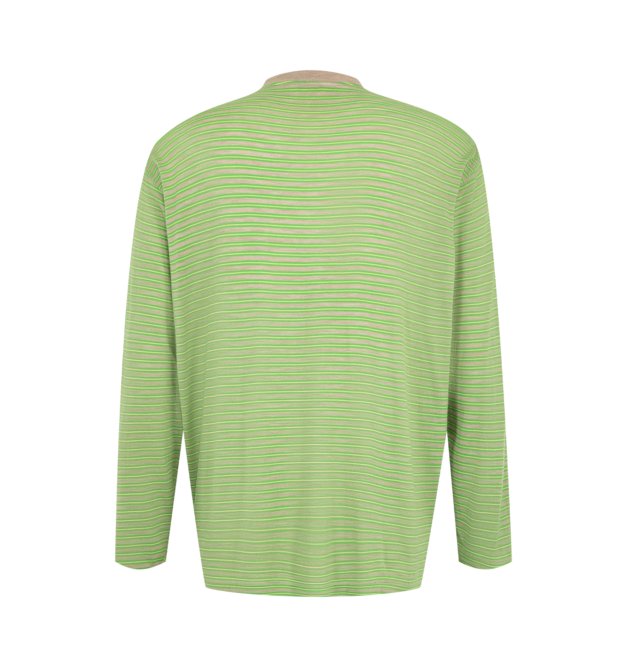 Image 2 of 2 - GOLD - Auralee Men's Soft Smooth Wool Stripe Long-Sleeve T-Shirt is crafted from 15.5-micron merino wool jersey and features a multicolored striped design. The fabric has a natural sheen with an exceptionally smooth, soft, and fluid hand. Cut in a regular fit. Main Material: 100% Wool.