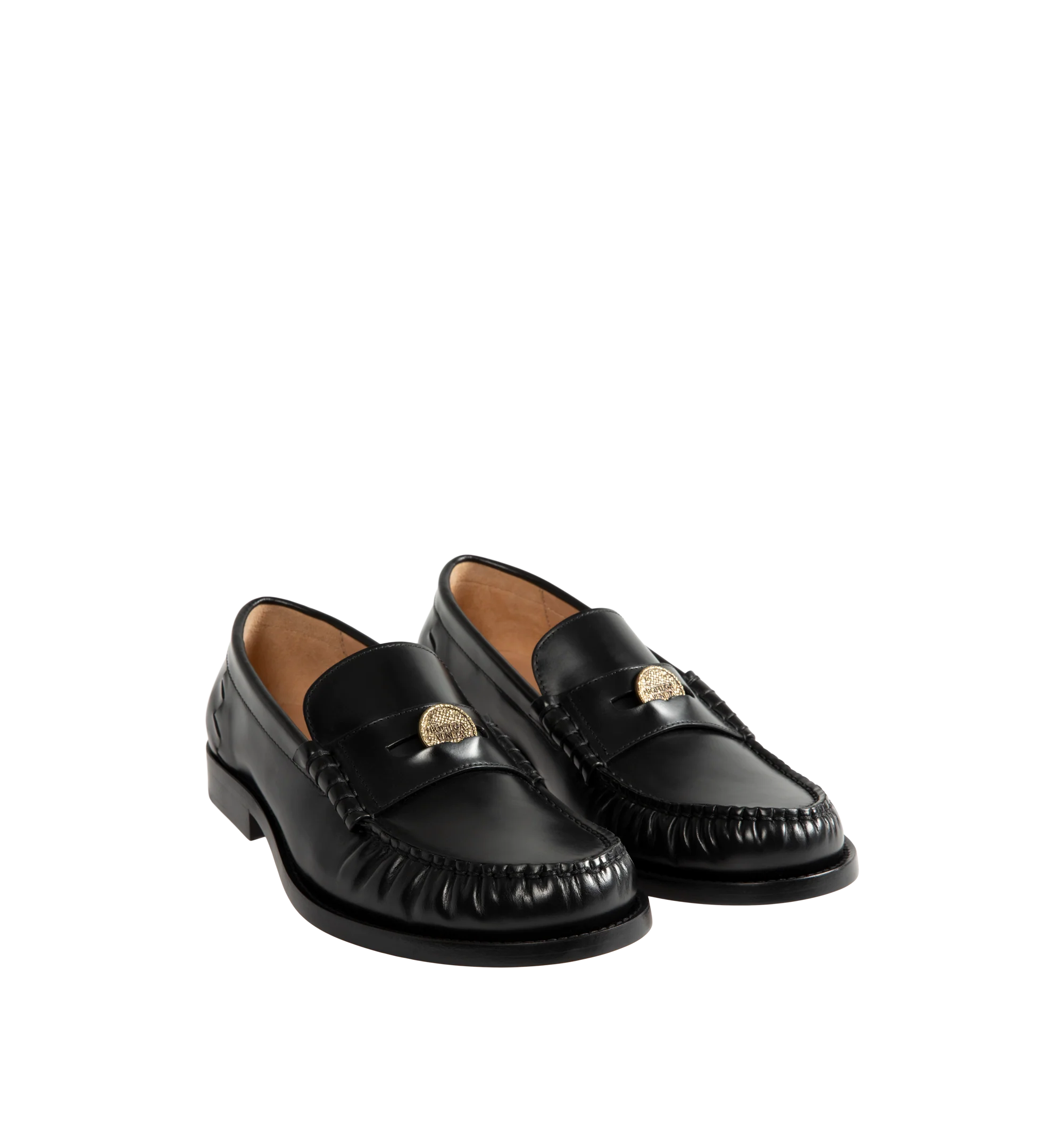 Image 2 of 4 - BLACK - Bottega Veneta Men's Penny Loafers are crafted from shiny leather and feature a timeless slip-on silhouette with a classic penny strap with metal coin detail across the vamp. Main Material: Leather.