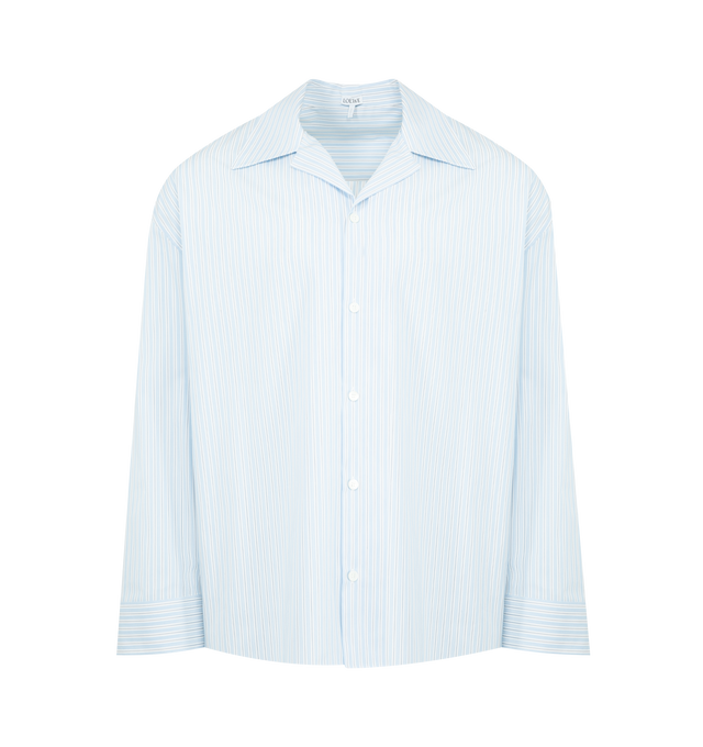 Image 1 of 4 - BLUE - LOEWE Shirt in lightweight cotton featuring a vertical stripe pattern with horizontal stripes at the cuffs, regular fit, regular length, camp collar, button front fastening, buttoned cuffs, chest patch pocket and LOEWE L embroidery placed at the front. Cotton. Made in Italy.