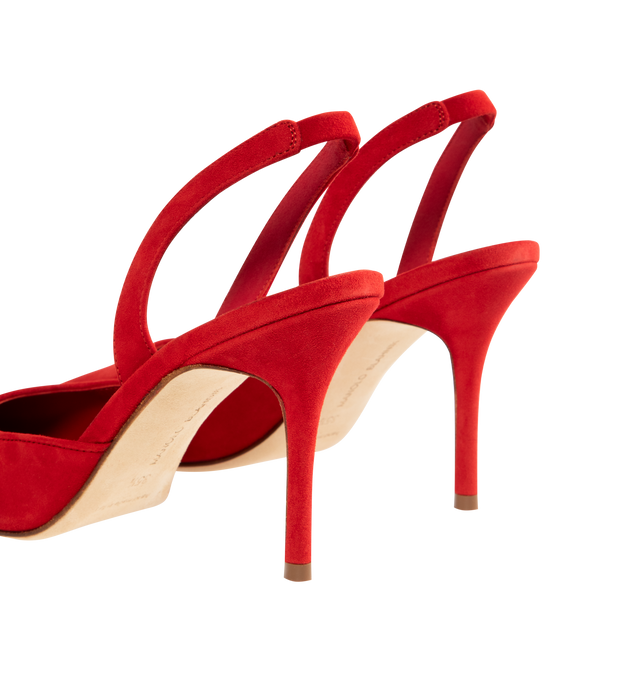Image 3 of 4 - RED - MANOLO BLAHNIK Borelapla Slingback Pump featuring suede upper, point toe, elasticated slingback strap, leather insole and leather sole. Heel measures 90mm. Made in Italy. 