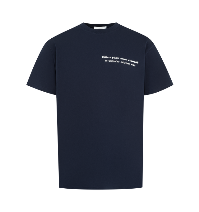 Image 1 of 2 - NAVY - GIVENCHY Regular Fit T-Shirt featuring crew neck, short sleeves, regular fit and graphic text on front and back. 100% cotton.