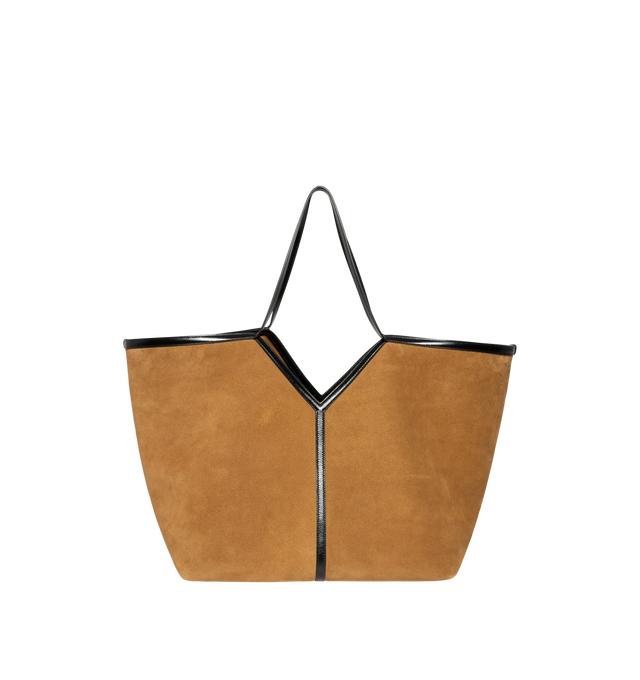 Image 1 of 3 - BROWN - Saint Laurent Womens Slim Tote Bag is crafted from velour grained leather. Features a spacious silhouette, suede lining, subtle Y-stitched signature, hook closure, interior zip pocket, and top handles. Main Material: Suede Leather; Lining: Suede. Made in Italy.