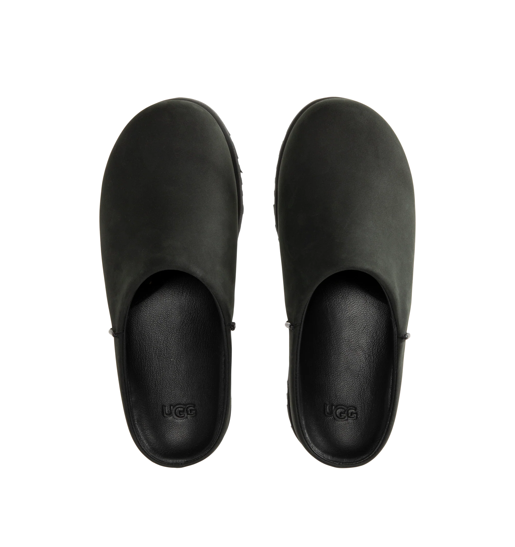 Image 4 of 4 - BLACK - UGG Men's Otzo Clog built with a luxe nubuck upper, thoughtful knit + leather lining, and a contoured footbed for steady movement. This clog has easy slip-on style with all-day comfort. Waterproof leather, nubuck upper, leather and wool jersey lining with peppermint-based anti-odor treatment. Contoured EVA footbed, lightweight rubber outsolewith embossed UGG logo.