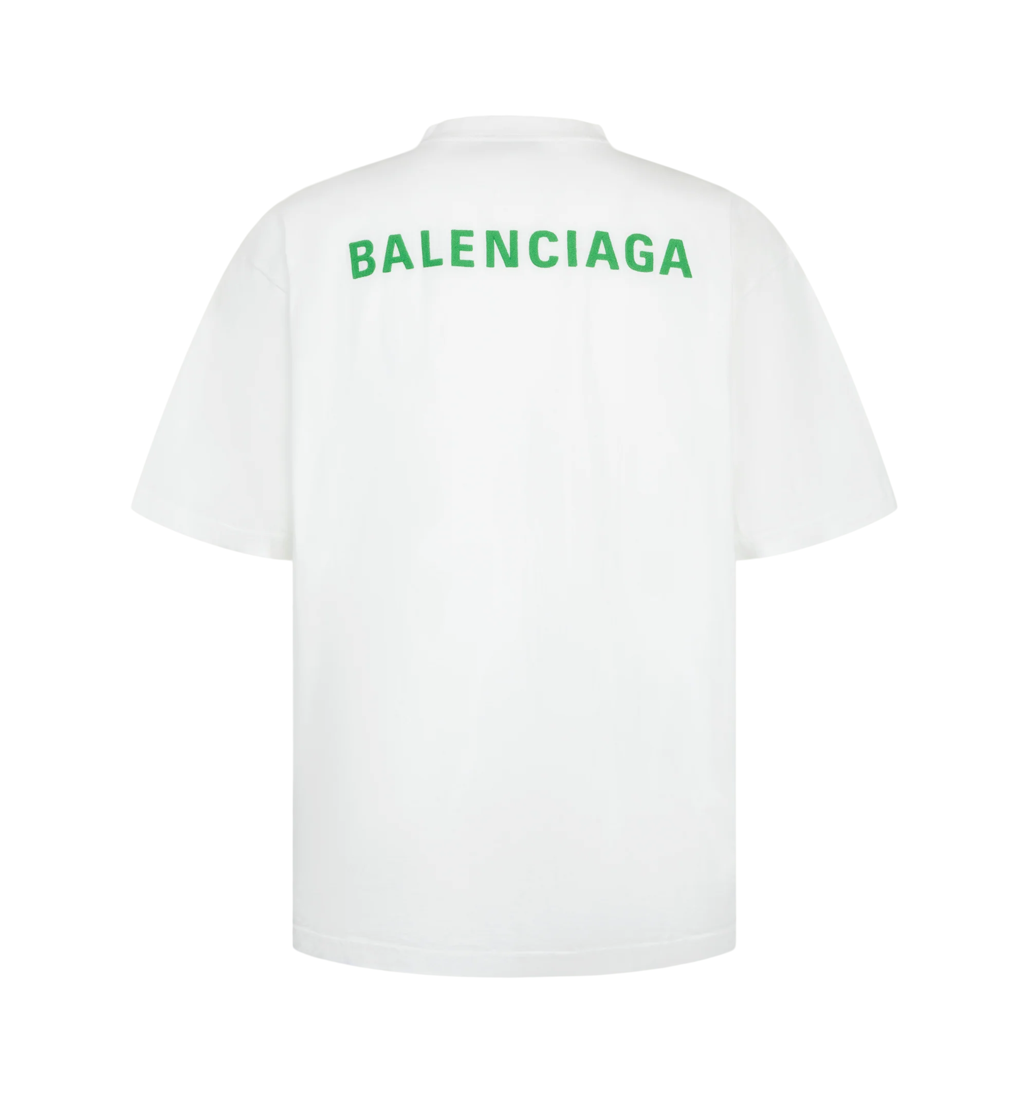 Image 2 of 2 - WHITE - Balenciaga Men's Medium Fit T-Shirt is crafted from dry cotton jersey and features a crewneck, short sleeves, and Balenciaga Back artwork embroidered at the front and back. Main Material: 100% Cotton. Trimming: 99% Cotton, 1% Elastane. Embroidery: 100% Polyester. Made in Portugal.
