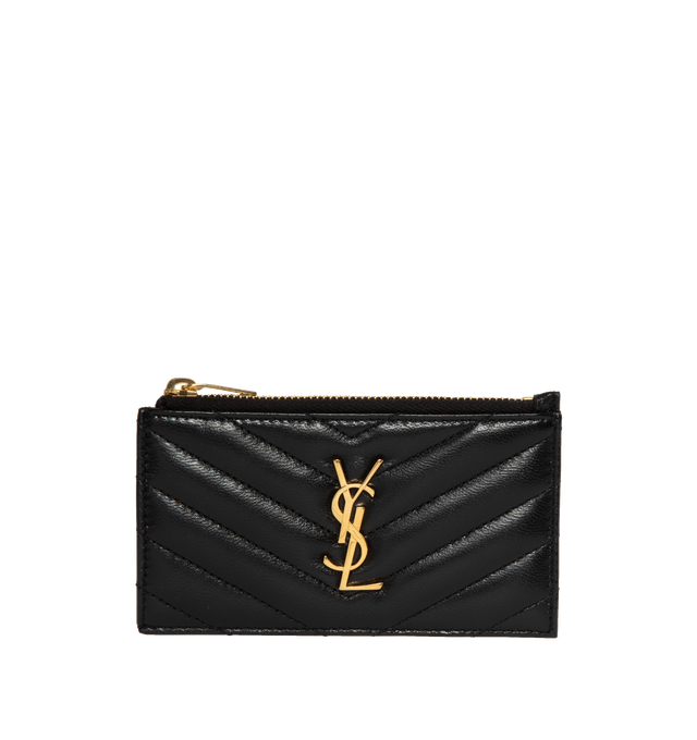 Image 1 of 3 - BLACK - SAINT LAURENT Zipped Fragments Credit Card Case featuring overstitching on the front and card slots on the back, zip closure, five card slots and one zip pocket. 5.1" X 3.1" X 0.7". 100% lambskin. Made in Italy.