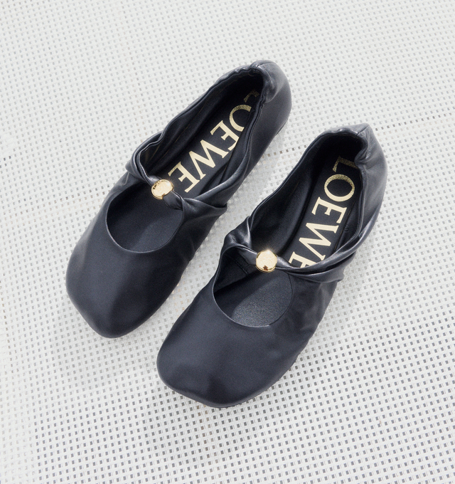 Image 2 of 5 - BLACK - LOEWE Pebble Soft Ballerina Flat in supple nappa lambskin with a flexible upper engineered for extra comfort, featuring a metallic pebble with an Anagram engraved detail and a signature petal toe shape, padded leather insole and Anagram embossed rubber outsole. Nappa lambskin. Made in Italy.