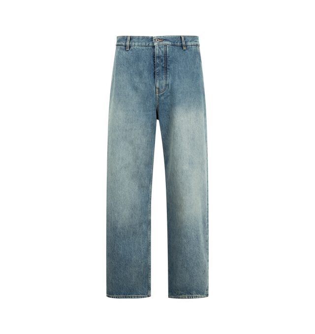 Image 1 of 3 - BLUE - LOEWE Jeans in medium-weight washed cotton denim featuring regular fit, regular length, mid waist, straight leg, concealed button fly, front slash pockets, rear patch pockets and leather side pocket, hammer loop and LOEWE debossed leather patch placed at the back. Cotton. Made in Italy.