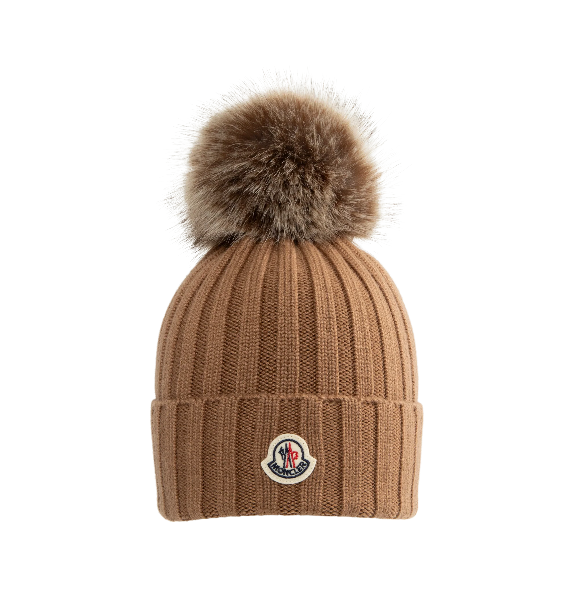 Image 1 of 2 - BROWN - Moncler Wool Beanie with Pom Pom features an English rib-knitting and logo at front and embellished with a faux fur pom pom. Designed to provide warmth, this heavy knit beanie for women adds the finishing touch to cold-weather looks. 100% virgin wool .