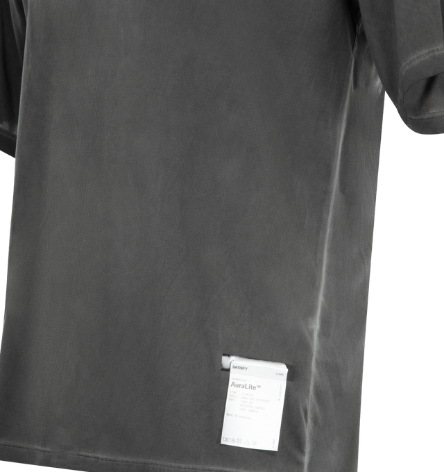 Image 3 of 3 - BLACK - SATISFY AuraLite T-Shirt featuring lightweight AuraLite recycled micro jersey from Japan, fast dry, moisture control, odor control, UV stop, dye with subtle variations that deepen with wear, reflective SATISFY logo and stealth-reflective SATISFY print, fully detachable care label on the outside, short sleeves and crew neck. 100% recycled polyester.