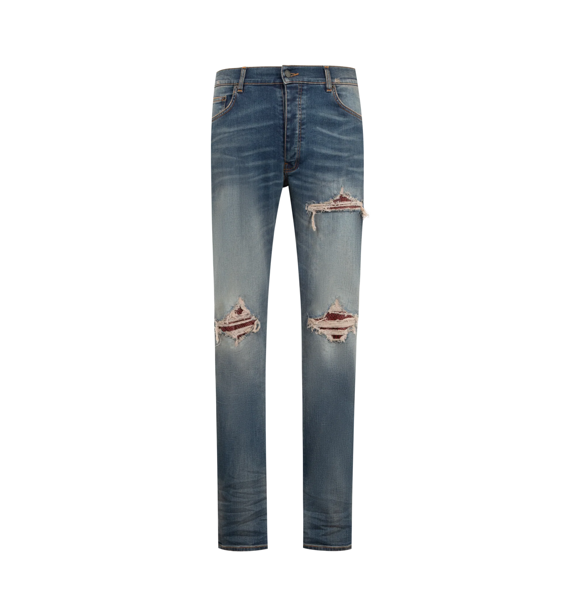 Image 1 of 3 - BLUE - Amiri Men's MX1 Jeans from the Autumn-Winter 2026 collection are crafted from stretch cotton denim and feature the house's iconic hand-distressed construction, repaired with python-embossed leather for a signature textured finish. Designed with classic five-pocket detailing, these designer jeans undergo a specialized treatment that creates intentional variations in shading and color, giving each pair a distinctive character. Main Material: 92% Cotton, 6% Elastomultiester, 2% Elastane.