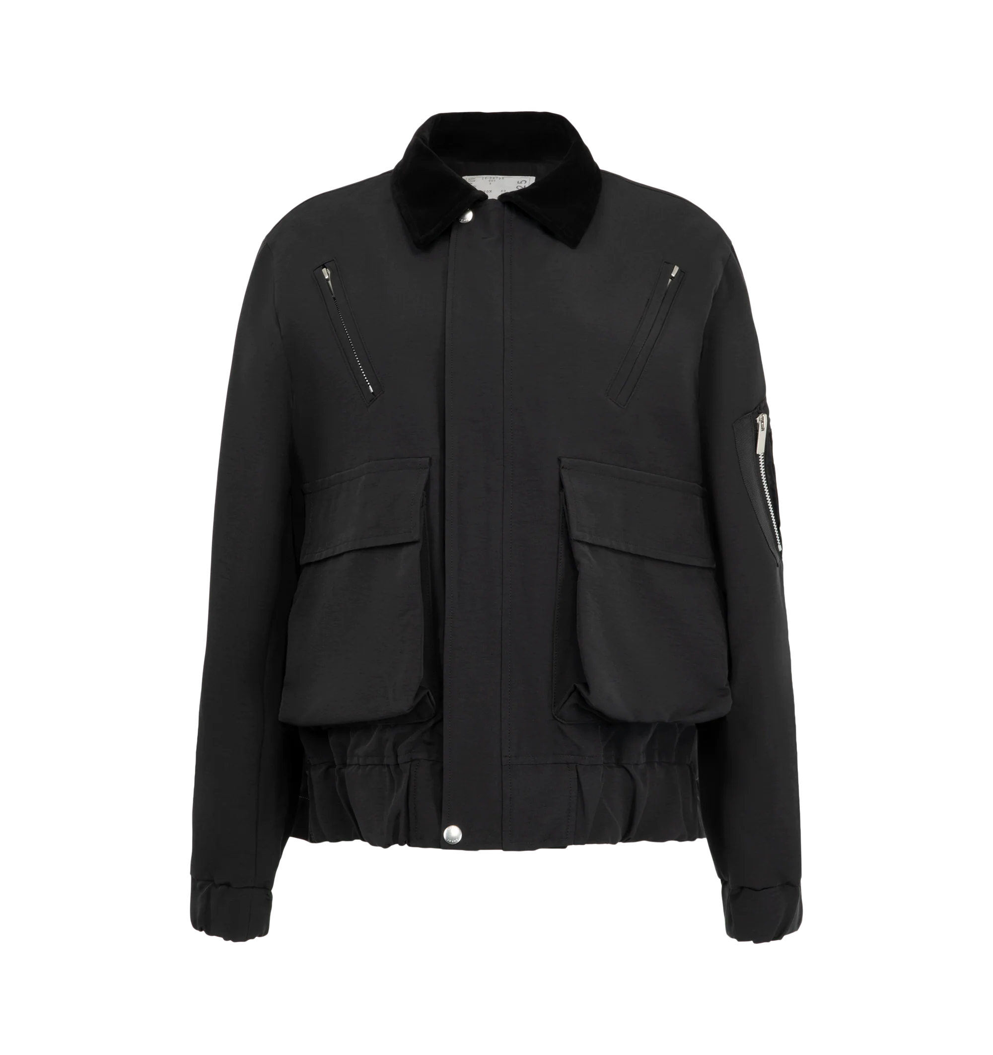 Image 1 of 4 - BLACK - Sacai Women's Grosgrain Bonding Blouson Jacket features distinct oversized front flap pockets, angled chest zip pockets, a contrasting collar, and an adjustable buttoned placket overlay. Materials: Nylon Exterior; Cotton.
