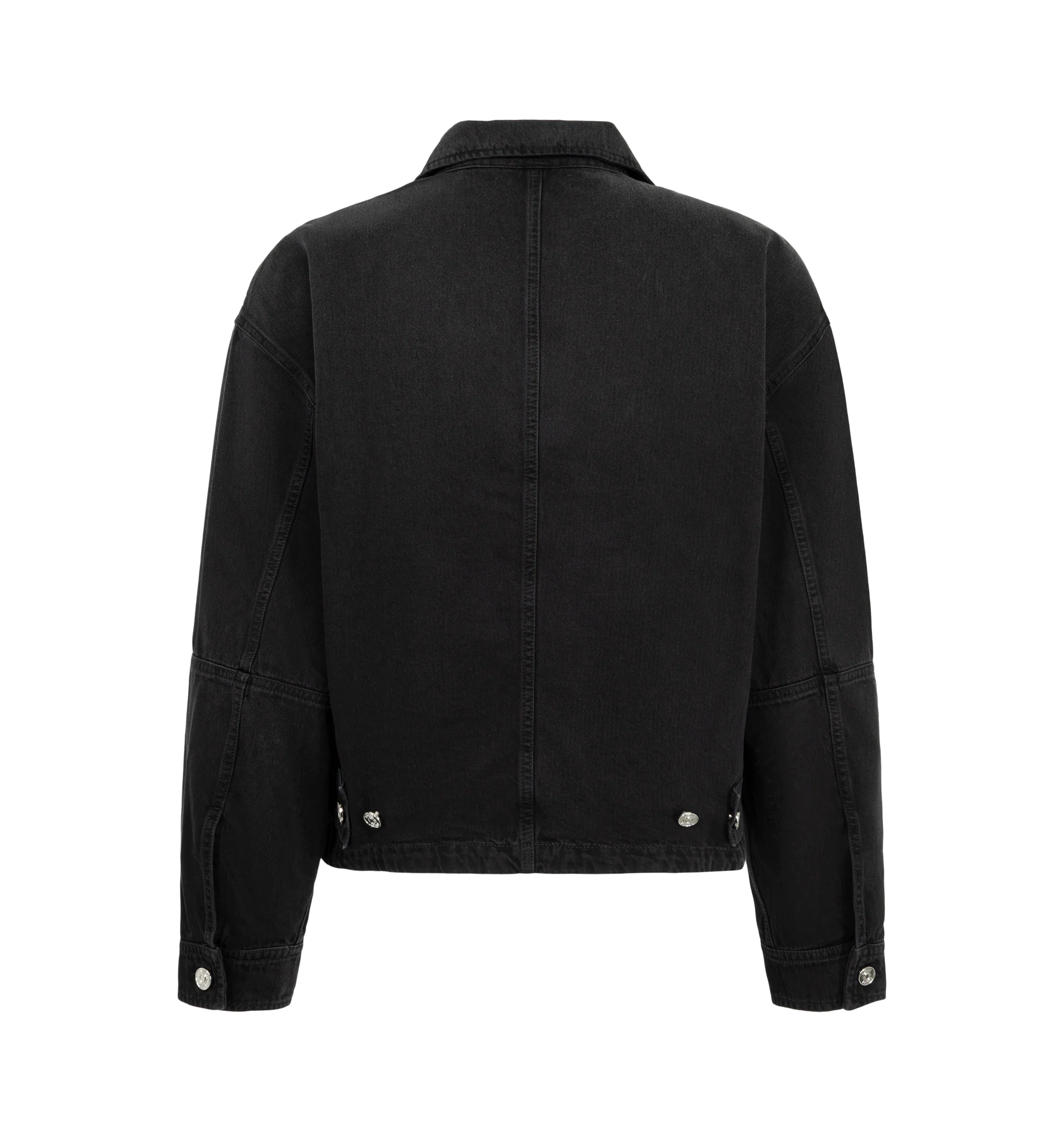 Image 2 of 3 - BLACK - Amiri Mens Denim Work Jacket is crafted from a durable denim cotton. Features front patch panels, side tabs, button cuffs, double-zip closure, and signature MA Quad logo detail. Material: 100% Cotton. Made in Italy. 