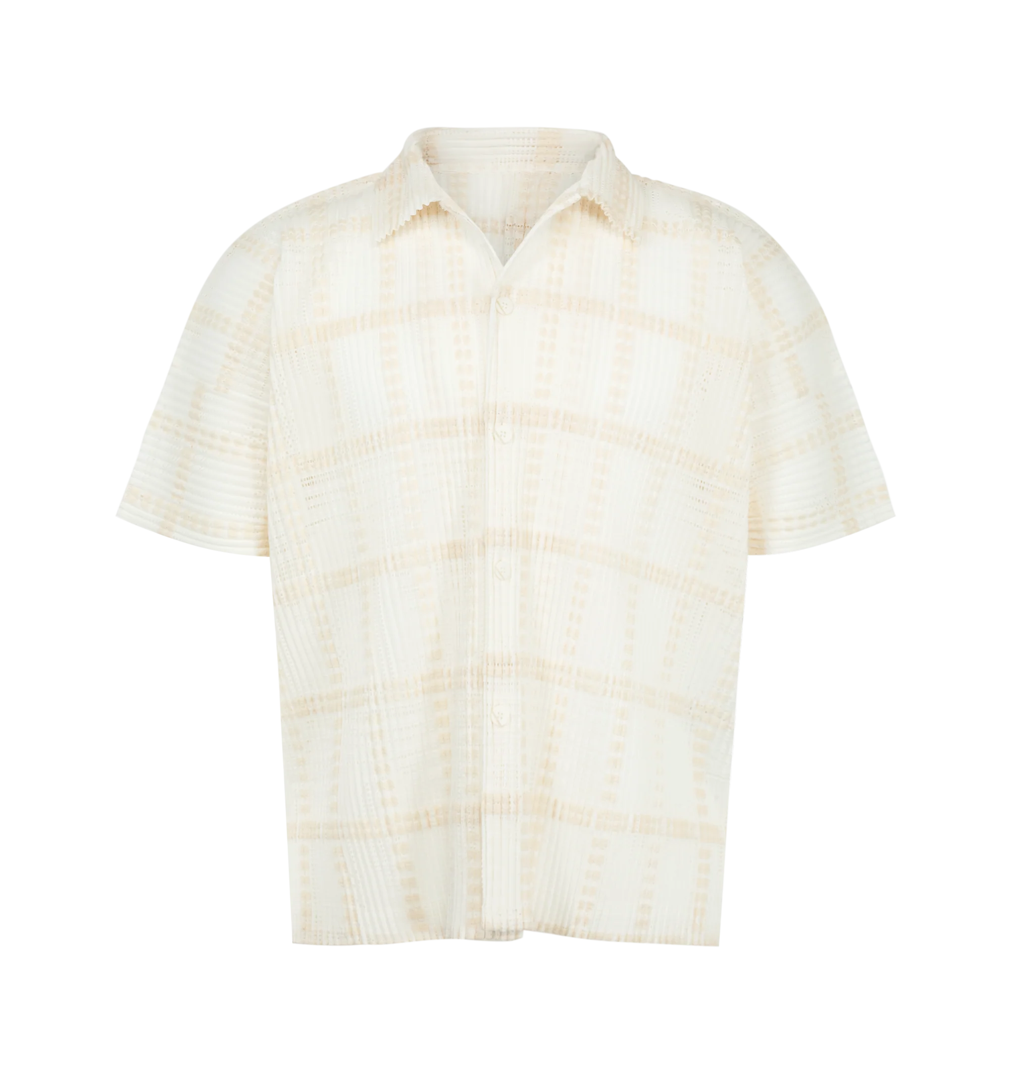 Image 1 of 2 - WHITE - Issey Miyake Men's Lace Grid Pleats Shirt is crafted from a lace-like cotton-blend polyester fabric and features an expressive pleated texture with a sheer, three-dimensional finish ideal for layered styling. Designed with an open collar, button-front closure, and side slits for ease of movement. Main Material: 75% Polyester, 25% Cotton. Collar: Open Collar. Closure: Button Front. Details: Side Slits.