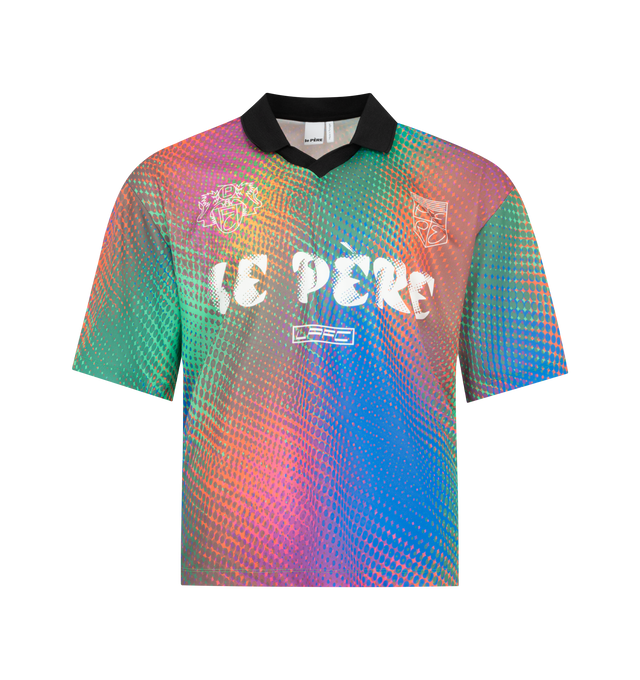 Image 1 of 2 - MULTI - LE PERE FC Amado Kit Shirt featuring oversized fit, football style, boxy shape, dropped shoulders, exaggerated silhouette contrasted with a cropped length, contrast ribbed collar and short sleeves. 100% polyester.
