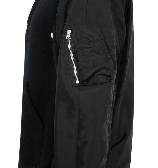 Image 3 of 3 - BLACK - SACAI Sponge Sweat Hoodie featuring paneled construction, drawstring at hood, two-way zip closure, twin grosgrain press-stud tabs at chest, front patch pockets, rib-knit hem and cuffs and logo-engraved silver-tone hardware.