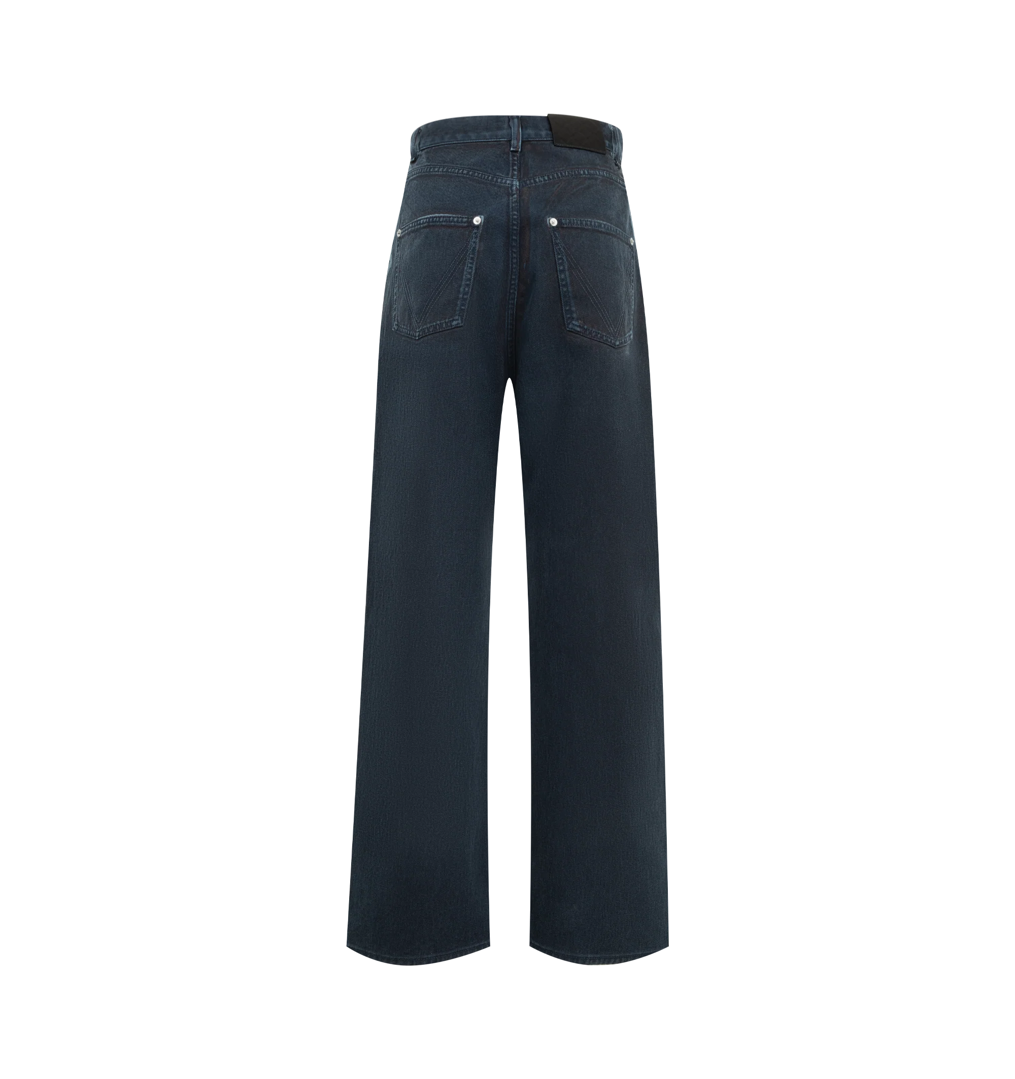 Image 2 of 3 - BLUE - Bottega Veneta Mens Wide-Leg Jeans are crafted from overdyed washed denim. Feature a high-rise waist, wide-leg silhouette, button closure, and embossed Intrecciato leather patch at the back waist. Main Material: Denim; Trim: Leather. Made in Italy.