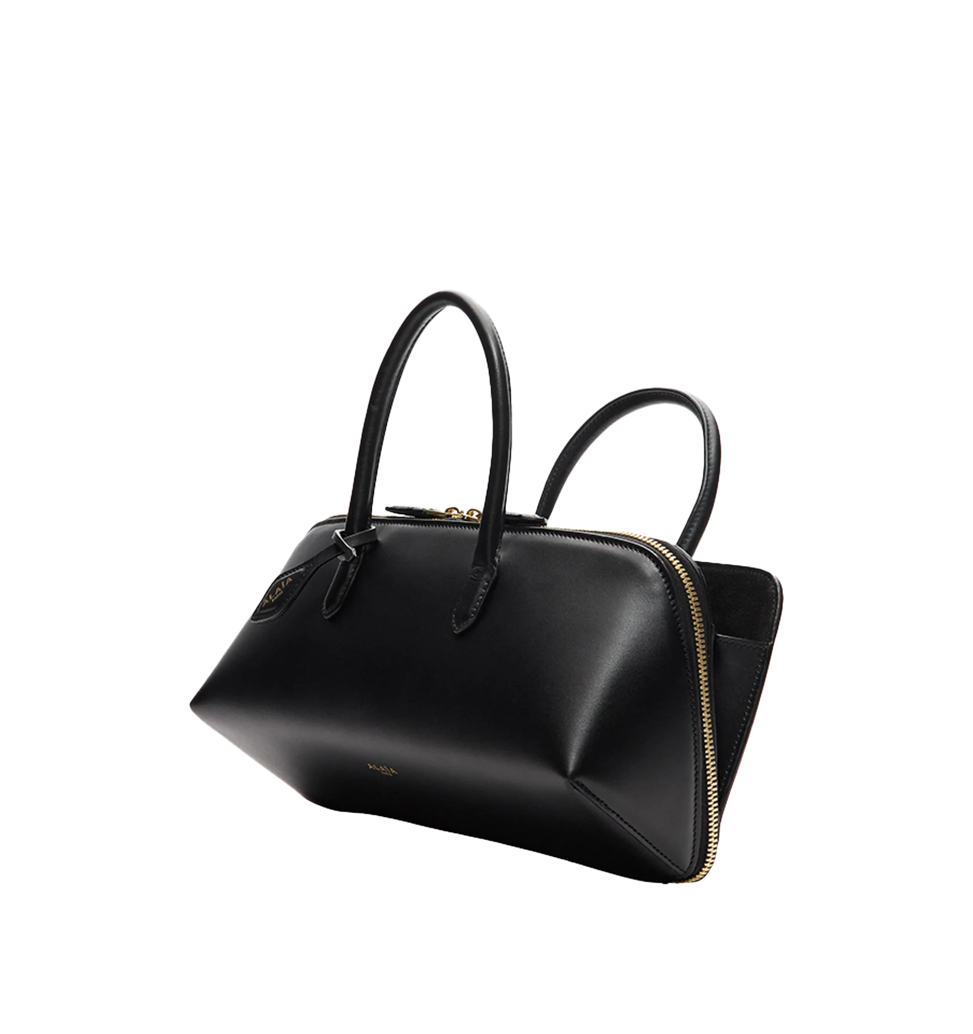 Image 2 of 3 - BLACK - Alaa Women's Delta Small Bag In Box Calfskin features a sculptural sihlouette crafted from soft box calfskin leather and features an elongated silhouette with clean square lines, top handles, a double zip closure, and a front gusset compartment for organized storage. Finished with a decorative branded tie and designed for hand carry. Main Material: 100% Calf Leather. Dimensions: 28 x 11 x 10 cm. Fits a large phone, card case, keys, sunglasses and other small essentials. Made in Italy. 