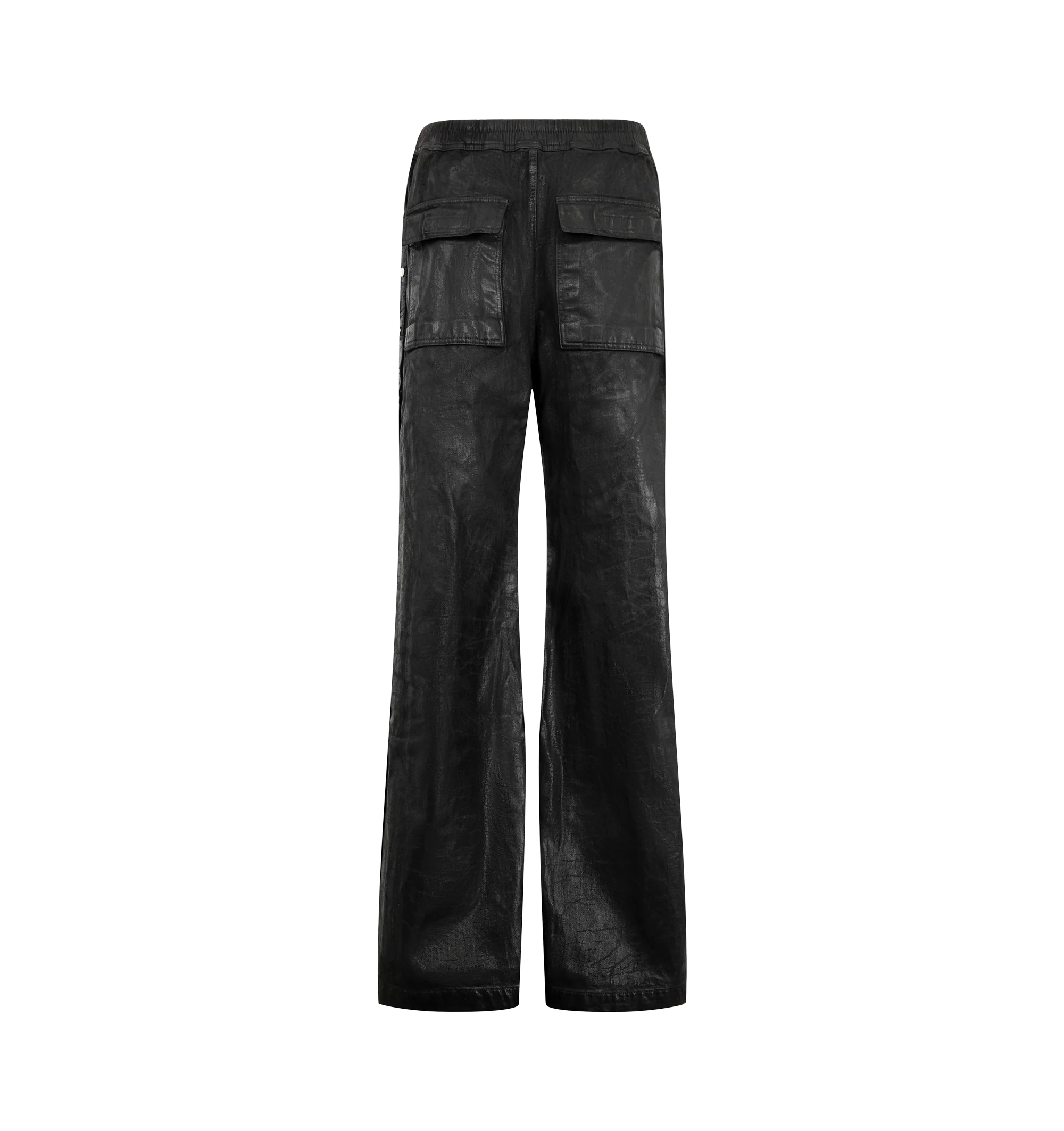Image 2 of 3 - BLACK - Rick Owens Drkshdw Men's Wide Pusher Pants are crafted from heavyweight cotton sweatshirt jersey and feature a floor-length silhouette with a wide leg and slightly dropped crotch. Main Material: 100% Cotton. Waistband: 97% Cotton, 3% Elastane. Pockets: Side Front Jet Pockets, Square Back Pockets. Closure: Elasticized Drawstring Waist and Snap Side Closures. 