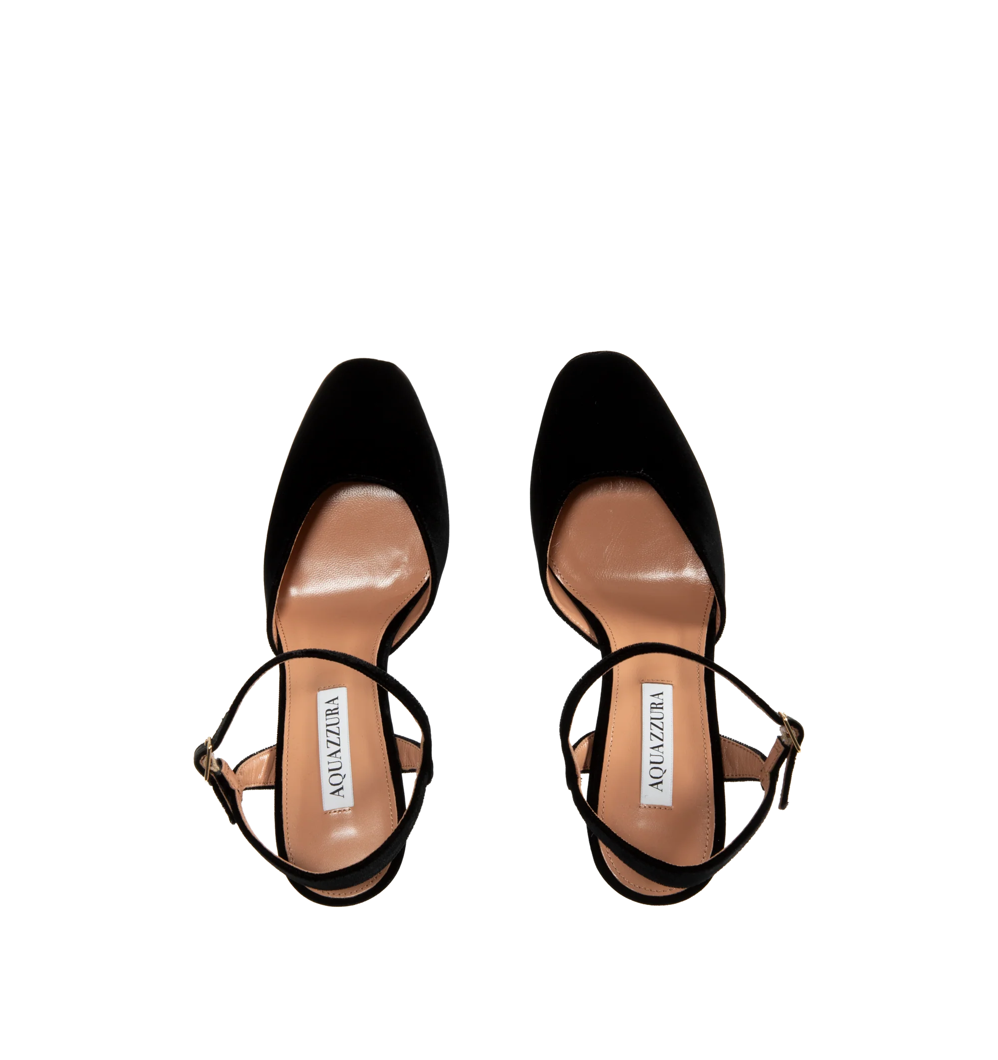 Image 4 of 4 - BLACK - Aquazzura Women's Amira 110 Suede Platform Pumps are crafted from smooth suede and feature a minimalist silhouette with an almond-shaped toe and open back. Designed with a secure ankle strap, these designer pumps are set on a 110mm heel balanced by a platform for added height and stability. Upper: Suede Leather. Insole: Leather. Sole: Leather. Heel Height: 110 mm / 4.3 in. Details: Platform, Ankle Strap, Open Back. Made in Italy. 
