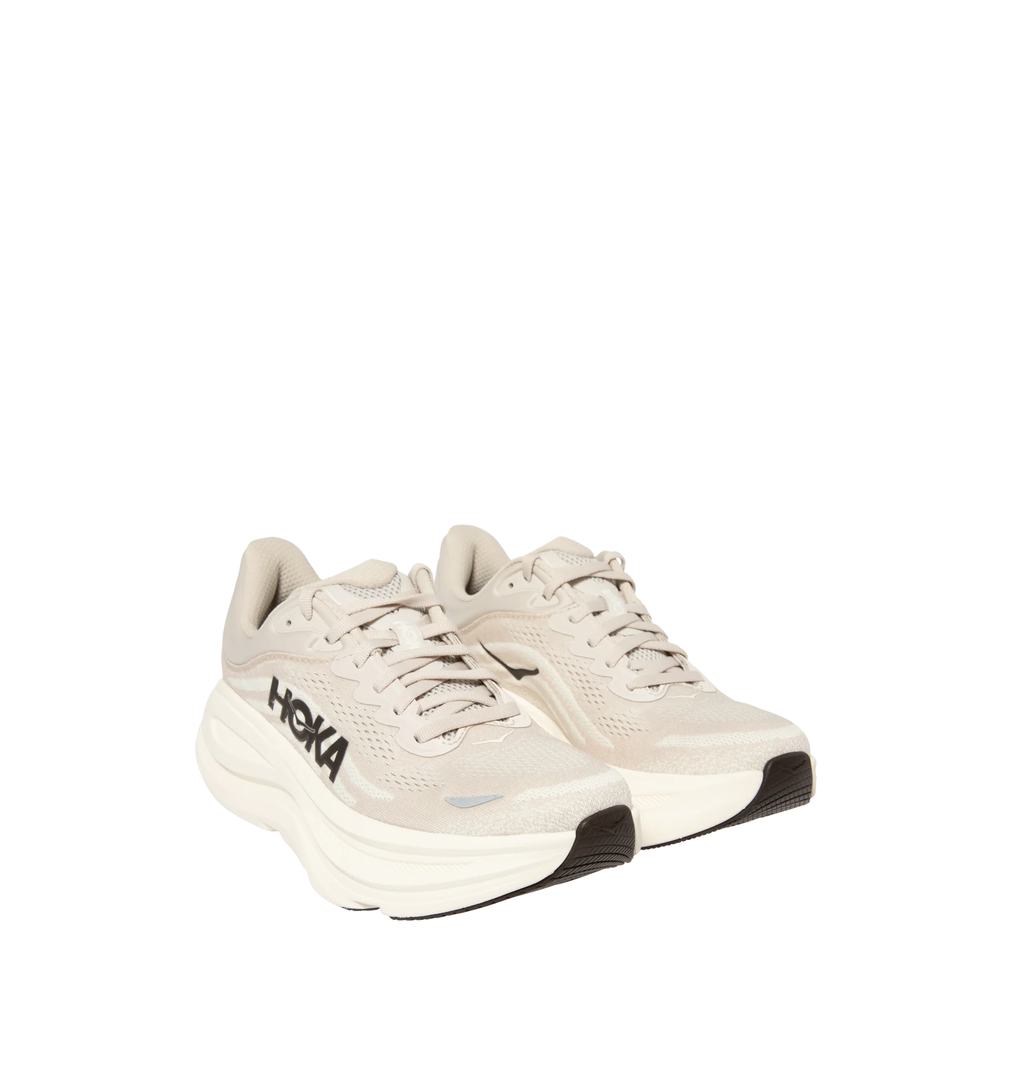 Image 2 of 5 - NEUTRAL - Hoka M Bondi 9 Sneaker featuring engineered mesh upper with rubber sole, lace-up front, foamed EVA midsole and increased stack height for maximum cushioning, zonal breathability, reflective detailing and cushioned tongue and collar.