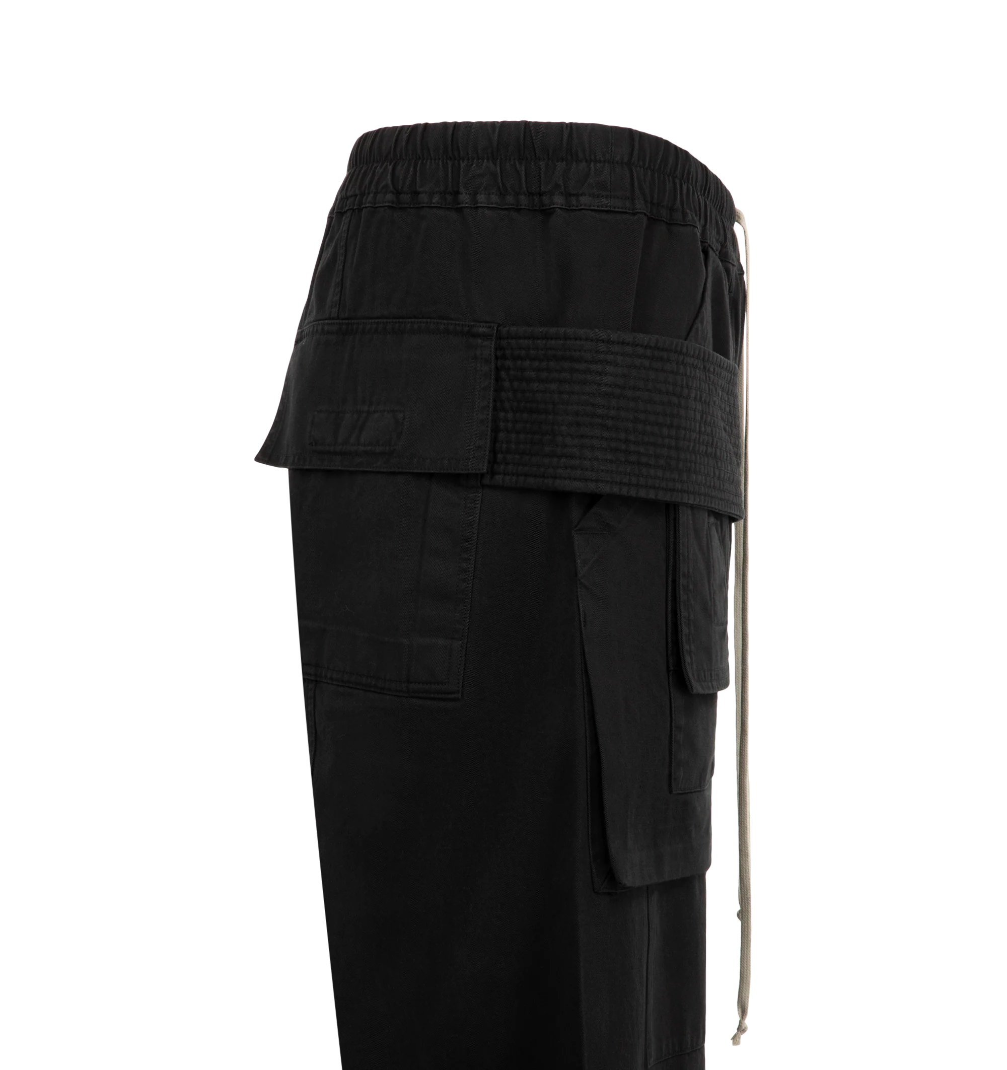 Image 3 of 3 - BLACK - Rick Owens Drkshdw Men's Creatch Wide Cargo Drawstring Pants feature a relaxed wide-leg silhouette with an elasticized drawstring waistband. Main Material: Cotton. Waist: Elasticized with Drawstring. Pockets: Cargo Pockets and Utility Storage Details.