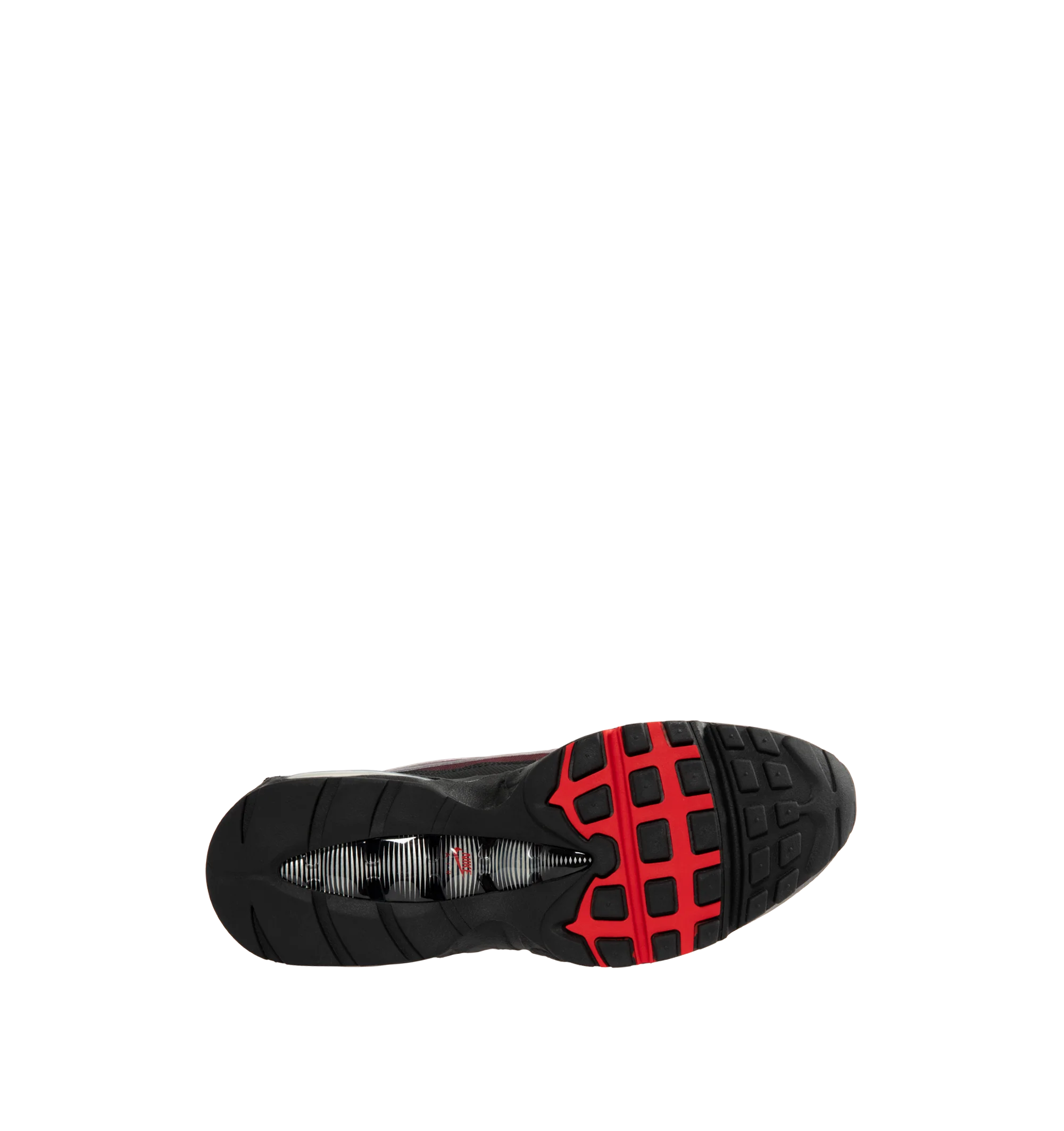 Image 4 of 5 - RED - Nike Men's Air Max 95 Big Bubble Sneaker featuring textile and synthetic leather, visible Max Air cushioning, flex grooves in the midsole and outsole, foam midsole and rubber outsole. 