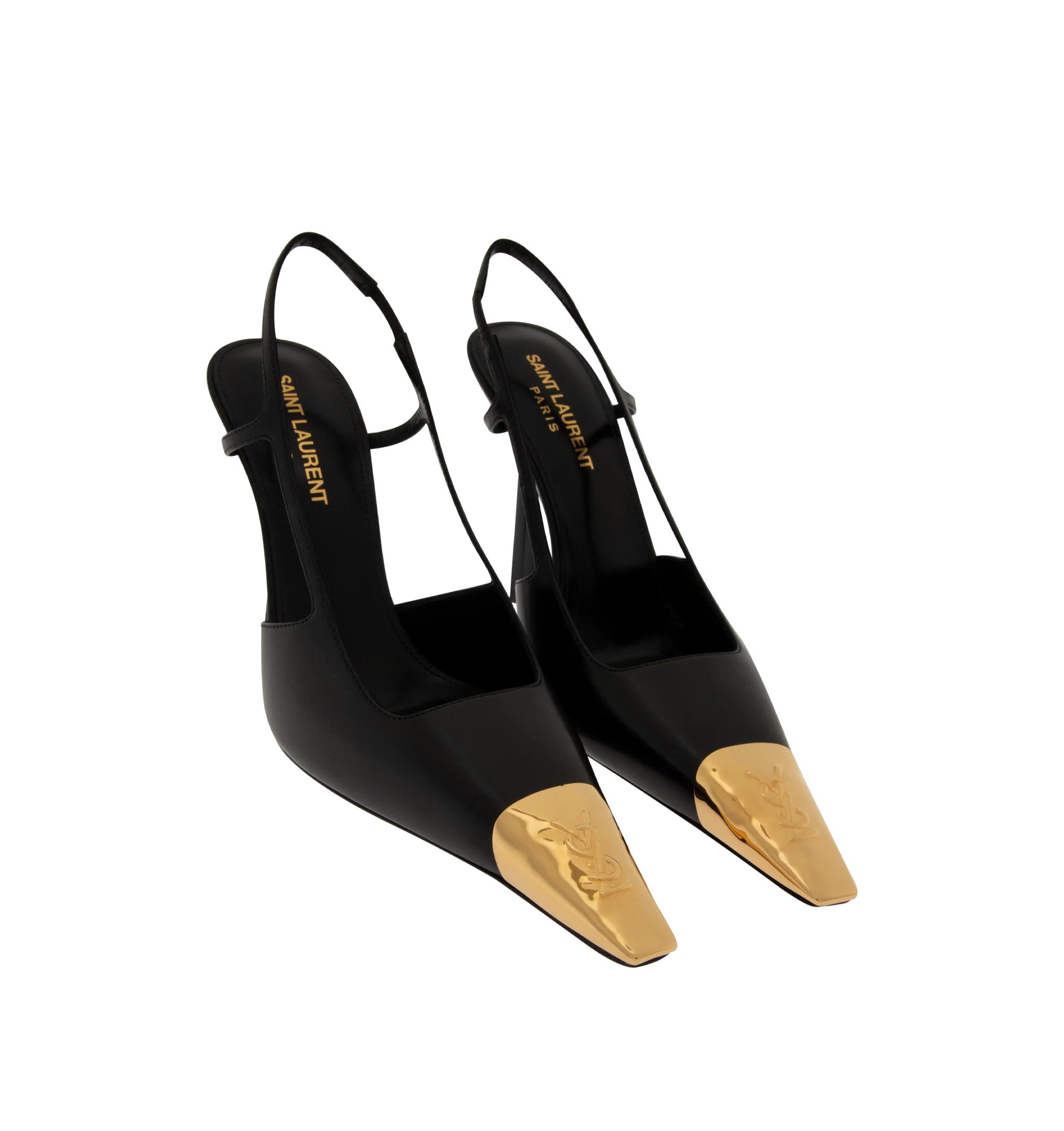 Image 2 of 4 - BLACK - Saint Laurent Womens Slingback Pumps are crafted from lambskin leather. Feature a square pointed metal cap toe with signature Cassandre martel hardware, square-cut vamp, elasticized slingback strap, stiletto heel, and leather sole. Main Material: Lambskin Leather; Hardware: Brass; Sole: Leather. Total Heel Heught: 11 cm / 4.3 inches. Made in Italy. 