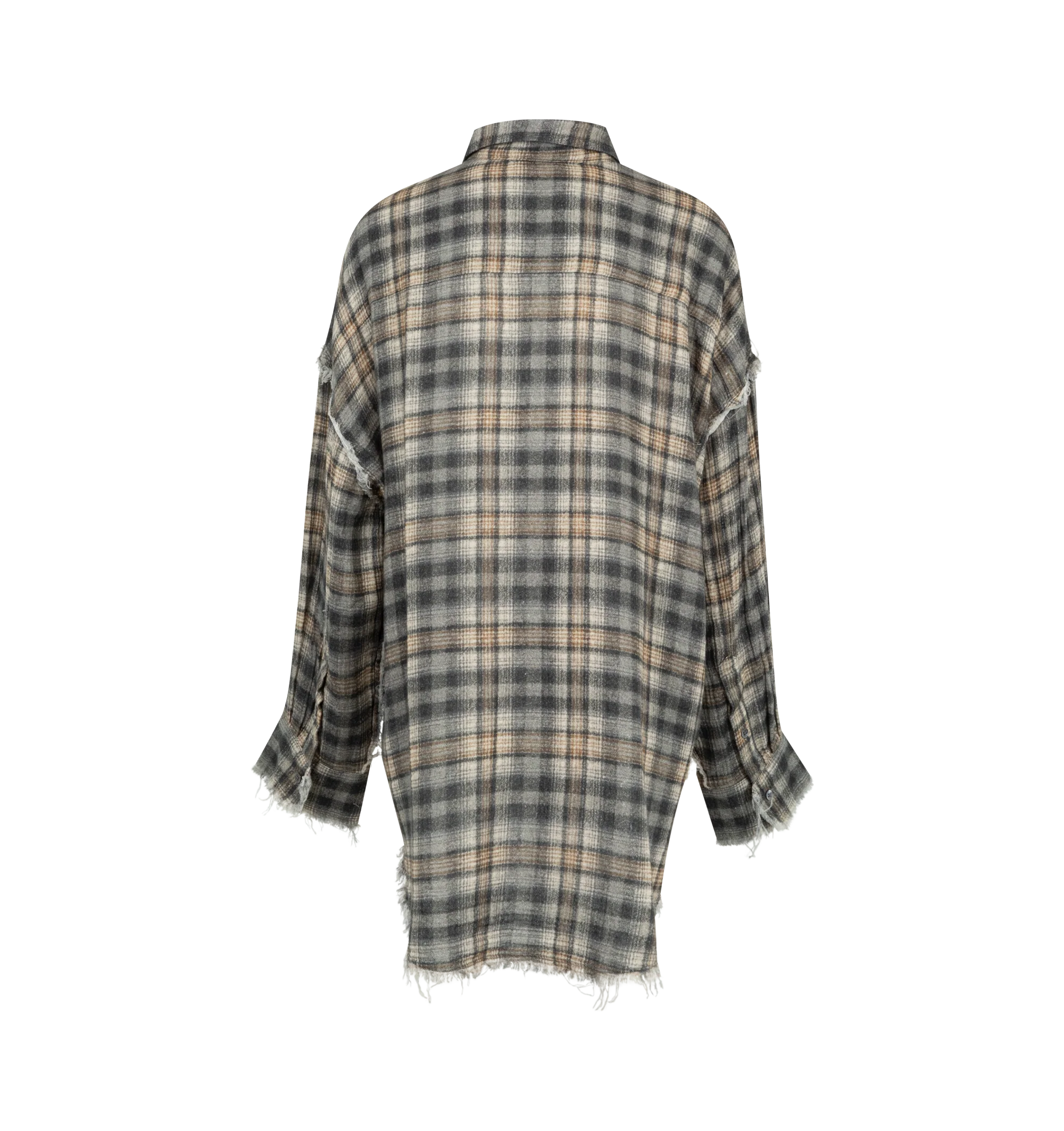 Image 2 of 2 - GREY - R13 Womens Shredded Seam Drop Neck Shirt is crafted from crinkle cotton gauze and features a drop-neck silhouette with a button-front closure. Finished with a bleached blue plaid print and shredded seam detailing. Main Material: 100% Cotton.