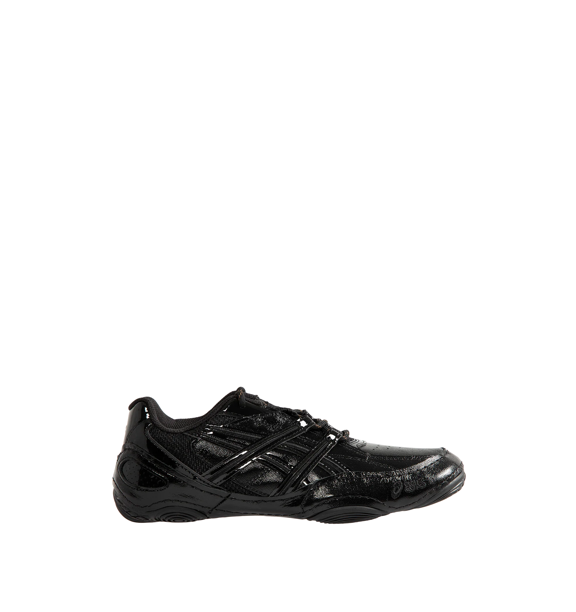 Image 1 of 5 - BLACK - Asics Hypersync Sneakers are inspired by the brand's archived wrestling and track field footwear, combining heritage design with modern comfort. Featuring a breathable air mesh upper with textured patent leather overlays, decorative stitching, and premium gold logo detailing, these designer sneakers deliver a sleek, low-profile silhouette. Finished with an OrthoLite sockliner for enhanced cushioning, a durable AHARPLUS rubber outsole inspired by the SNAPDOWN wrestling shoe, and a no