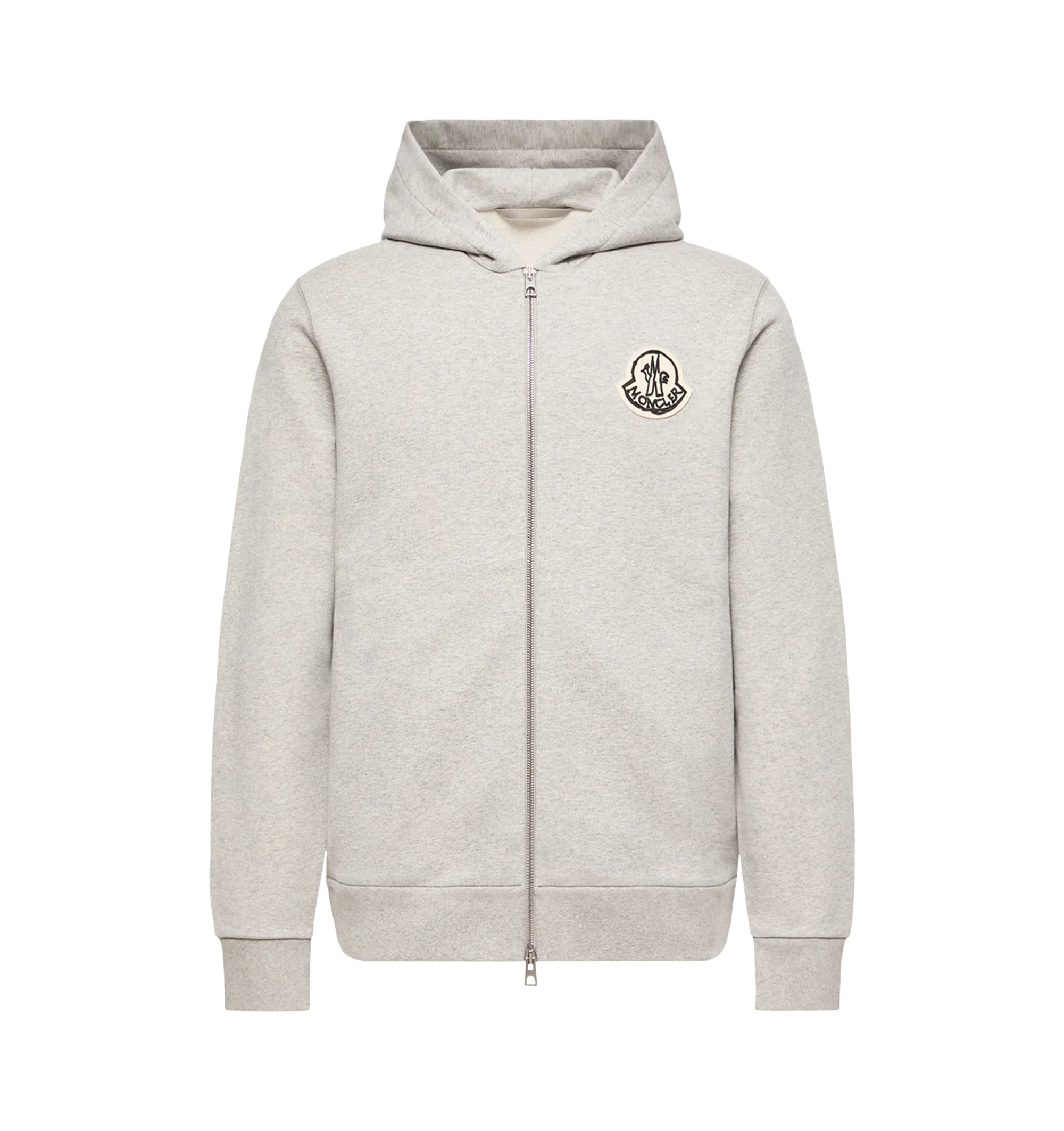 Image 1 of 1 - GREY - Moncler Mens Cotton Fleece Zip-Up Hoodie is crafted from cotton fleece and features a fixed hood, zip-front closure, side pockets, and a signature tricolor logo patch. This designer zip-up hoodie combines a classic hooded sweatshirt silhouette with soft cotton construction for comfortable everyday layering. Main Material: 100% Cotton; Hood: 100% Cotton; Hood Lining: 100% Cotton; Rib Trim: 95% Cotton, 5% Elastane. Made in Turkey.