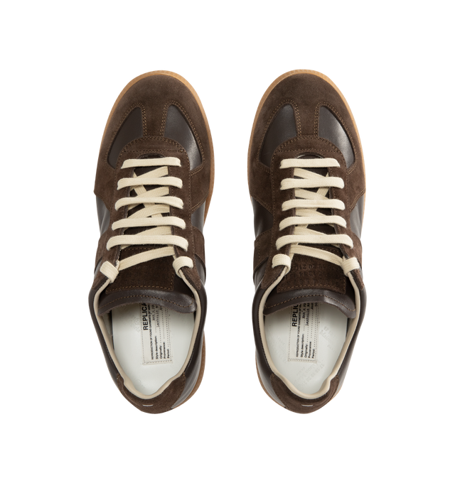Image 5 of 5 - BROWN - Maison Margiela High Quality Luxury Sneakers featuring lace-up sneakers in buffed nappa calfskin and calfskin suede, contrasting sole, Maison Margiela logo label on the tab, internal High Quality Luxury label, internal elastic and all-over Maison Margiela logo insole. 100% calf leather. Sole: 100% rubber. Made in Italy. 