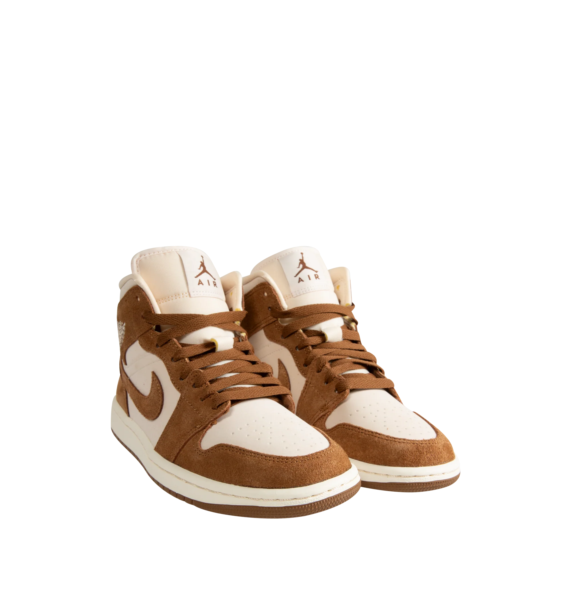 Image 2 of 5 - BROWN - Women's Air Jordan 1 Mid Sneakers feature a genuine and synthetic leather upper with a classic mid-top silhouette for durable comfort and timeless style. Inspired by the iconic original, these lifestyle sneakers combine lightweight Air-Sole cushioning, a padded collar, and a durable rubber outsole for everyday support and reliable traction. Main Material: Genuine Leather and Synthetic Leather. Midsole: Foam with Air-Sole Unit. Sole: Rubber.