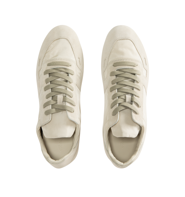 Image 5 of 5 - WHITE - RICK OWENS Minimal Low-Top Sneakers featuring a tonal, low-top silhouette with suede detailing, a round toe, lace-up style, textile upper, leather lining and rubber sole. Made in Italy.