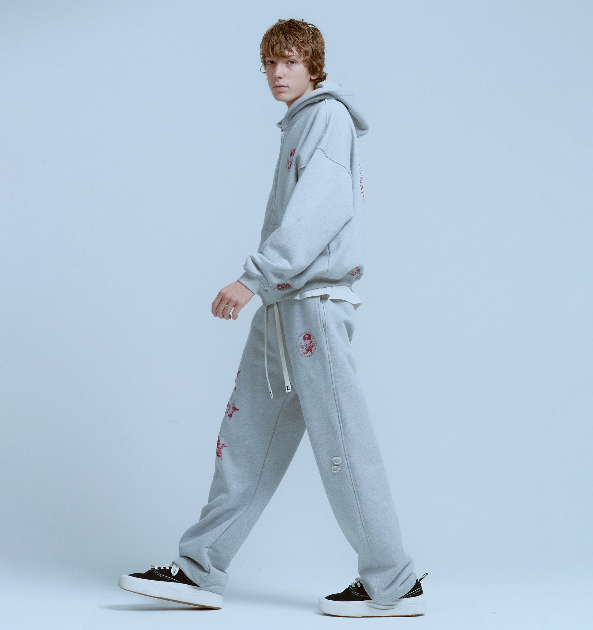 Image 3 of 6 - GREY - NAHMIAS Youth Enrichment Wide Sweatpant featuring elastic waist with drawstring, wide leg, relaxed fit, side pockets, back patch pocket and elastic hem. 100% cotton.
