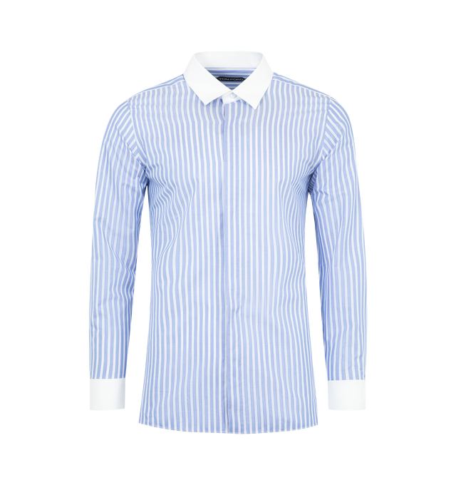 Image 1 of 2 - BLUE - TOM FORD Classic-Fit Shirt featuring a wide stripe pattern shirt in cotton twill with a contrasting collar and cuffs, spread collar, button placket front, mitered barrel cuffs and shirttail hem. 100% cotton. Made in Italy.