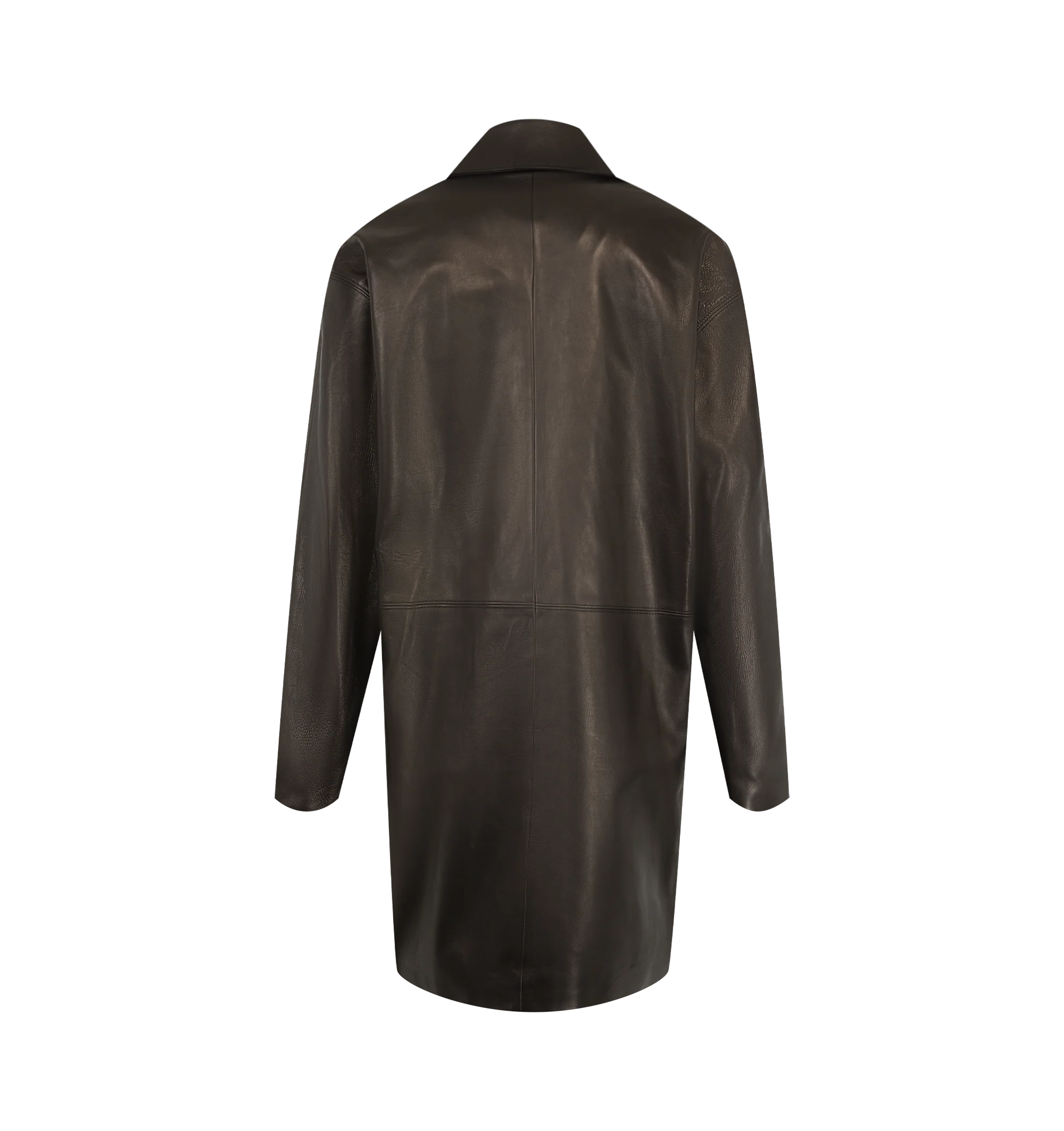 Image 2 of 3 - BLACK - The Row Women's Donata Coat is crafted from tumbled baby calfskin leather and features a mid-length car coat silhouette with a flat collar, dropped shoulders, side seam pockets, and a horn button-front closure. Fully lined in silk, this designer leather coat combines exceptional Italian craftsmanship with an exceptionally soft hand and rich natural texture, creating a timeless outerwear staple with effortless sophistication. Main Material: 100% Calfskin Leather. Lining: 100% Silk. Mad 