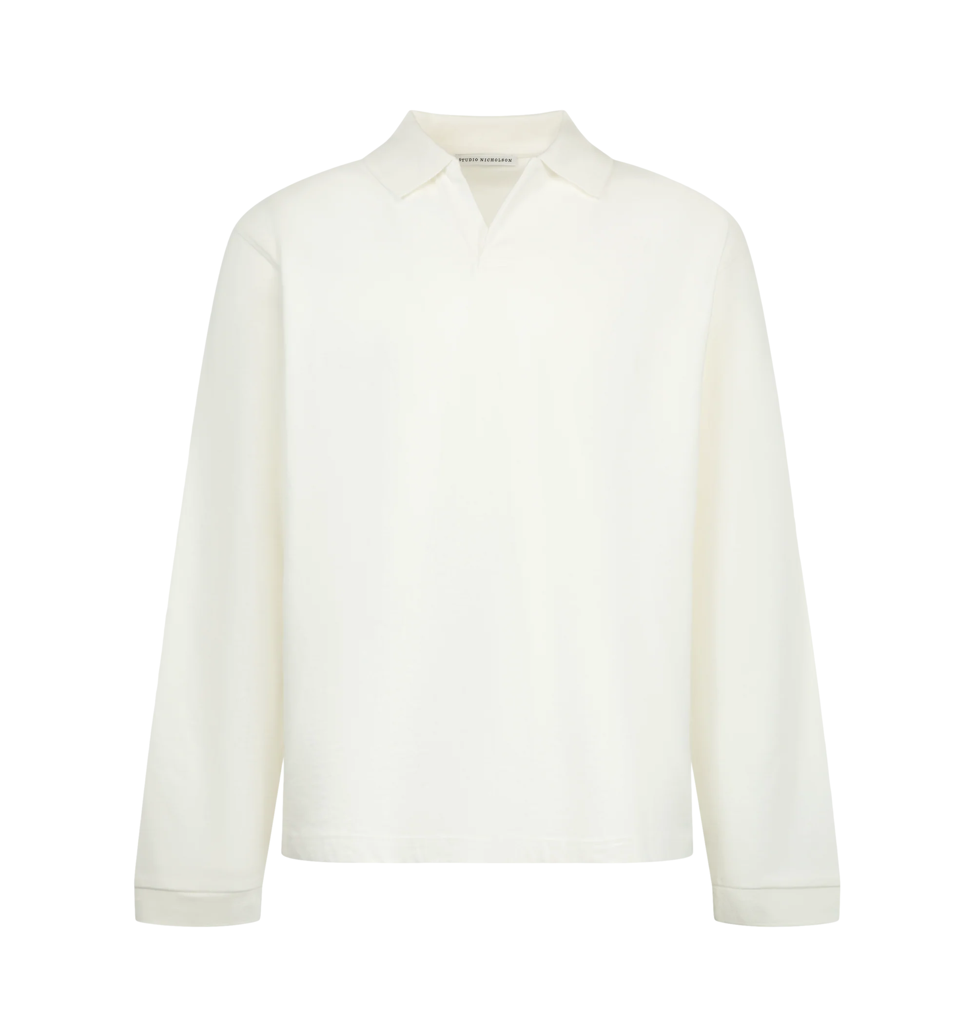 Image 1 of 2 - WHITE - Studio Nicholson Alyk Long Sleeve Polo is crafted from heavyweight dry cotton jersey and features a refined rugby-inspired silhouette designed for everyday wear and effortless layering. Detailed with a spread collar, three-button placket, ribbed cuffs, and a split hem, it combines the durability of classic sportswear with the brand's minimalist aesthetic. Main Material: 100% Cotton. Made in Portugal.