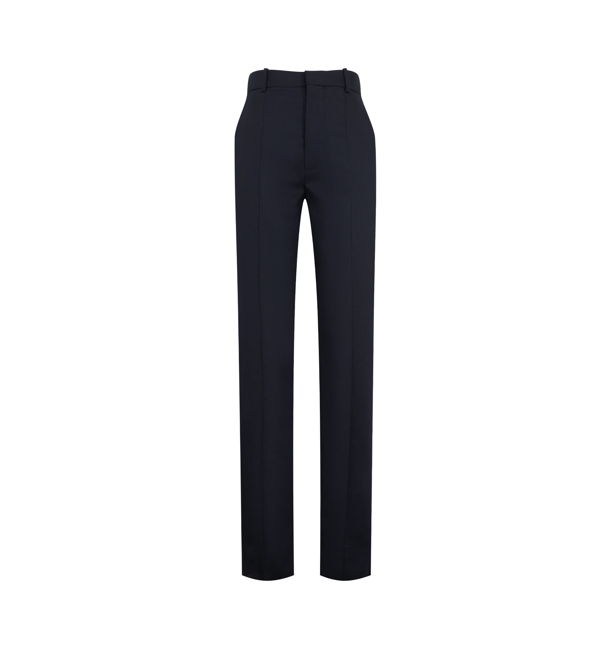 Image 1 of 3 - NAVY - Bottega Veneta Women's Trousers are crafted from Shetland wool and feature a tailored straight-leg silhouette. Designed with a mid-rise waist, belt loops, adjustable hip straps, and a zip, hook-and-eye closure, they are finished with slanted side pockets, rear welt pockets, and a center back vent. Main Material: 100% Wool. Lining: 100% Cotton. Color: Midnight Blue. Made in Italy.
