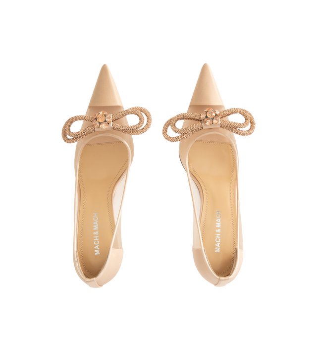Image 4 of 4 - CHAMPAGNE - MACH MACH Double Bow Mesh Pumps featuring a high stiletto heel, crystal double bow detailing, pointed toe and mesh upper. The heel height measures 85mm. Made in Italy.