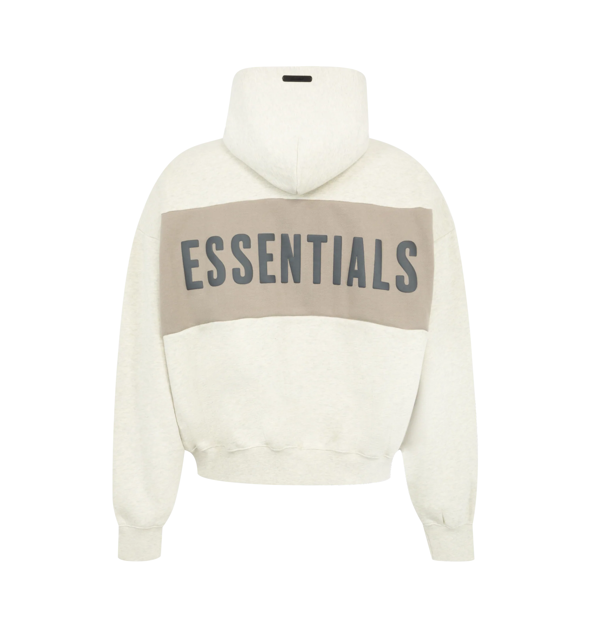 Image 2 of 2 - NEUTRAL - Fear of God Essentials Mens Cropped Relaxed Paneled Hoodie is crafted from heavyweight 380 GSM cotton-blend core fleece. Features a relaxed cropped fit, paneled construction, hood, side pockets, ribbed cuffs and hem, puff-printed Fear of God graphic at the front, puff-printed Essentials graphic at the back, and an Essentials signature label on the hood. Main Material: 80% Cotton, 20% Polyester.