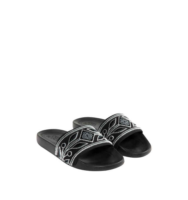 Image 2 of 4 - BLACK - CASABLANCA Pool Slides featuring embroidered terry fabric, diamond logo and signature Laurel artwork on its uppers, sculpted footbed for elevated comfort and a textured rubberised sole. 100% polyester. Lining: 80% polyester 20% cotton. Made in Portugal.