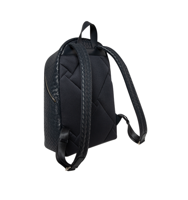 Image 2 of 3 - BLACK - Bottega Veneta Men's Backpack is crafted in silky calfskin leather. Featuring a backside in padded mesh with quilted Intreccio pattern, Single exterior front zipped pocket, Interior padded laptop compartment, Zipper closure, Lining: Nylon. Hardware: Silver finish. Made in: Italy